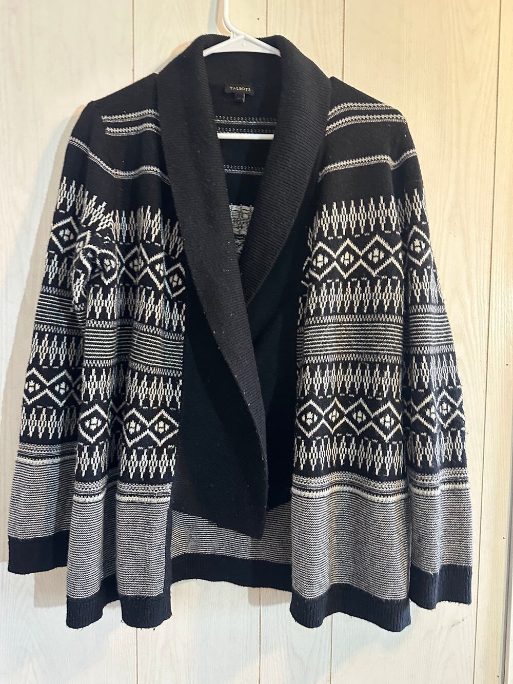 Talbots Black White Fair Isle Shawl Collar Cardigan Sweater Open Front Women's